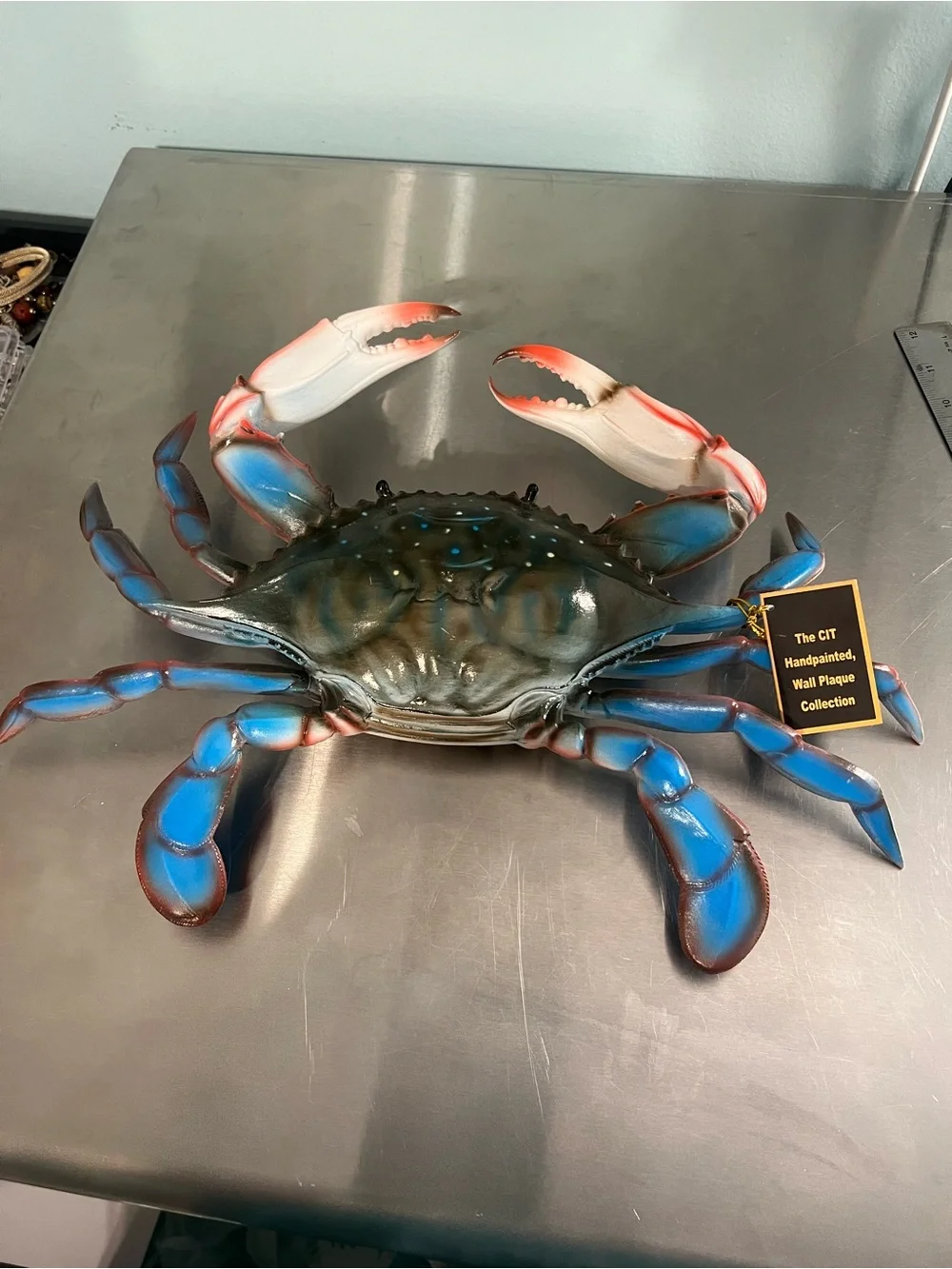 Lightweight Hard Plastic Handpainted Blue & White Crab Wall Plaque -